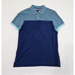 Tommy Hilfiger Men's Polo Shirt Size M Aqua Blue Navy Striped Custom Fit EUC LN